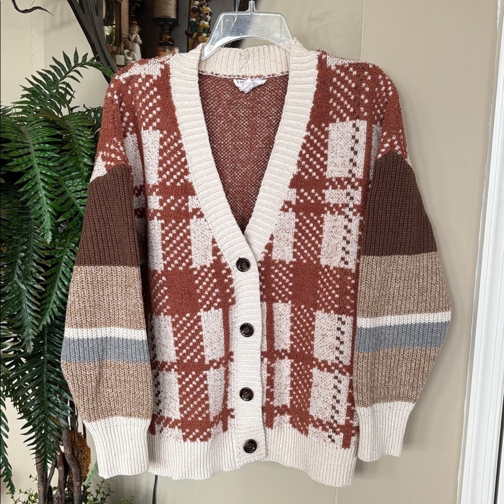 Love Riche Cozy Chic Mixed Knitted Rust Oversized Cardigan Button Down Plaid